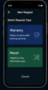 FacilityWISE New Request screen with Warranty and Repair options