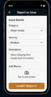 FacilityWISE Report an Issue form with category, severity, and description fields