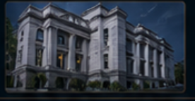 Historic institutional building at night
